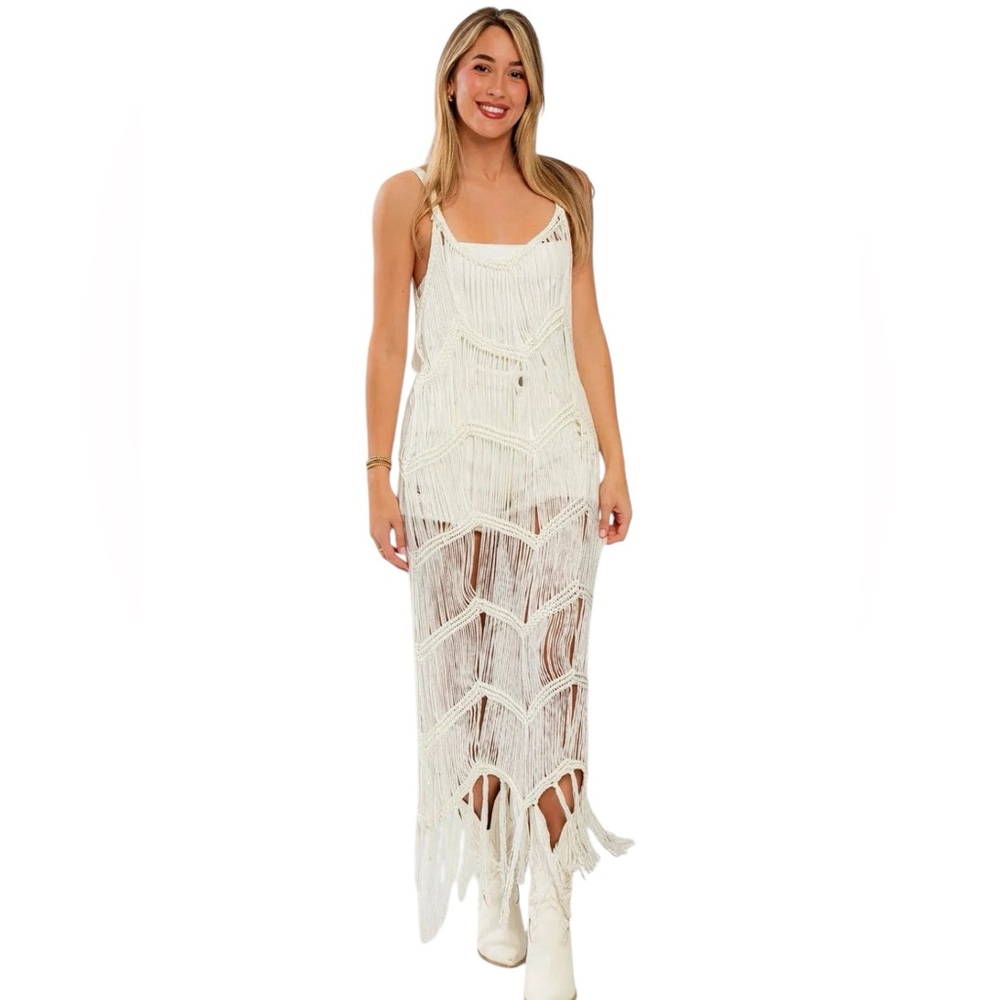 LE LIS Boho Fringe Chevron Pattern Western Maxi Dress Beach Cover Up Caftan NWT